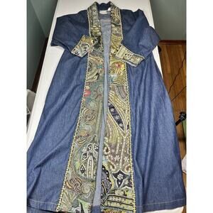 Vintage Molato Heavily Embroidered Maxi Legnth Open Front Boho Artsy Jean Jacket